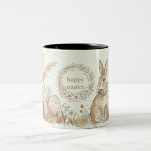 Boho Easter Bunny with Floral Wreath Illustration Two-Tone Coffee Mug