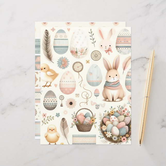 Boho Easter Ephemera Scrapbook Paper (Front/Back In Situ)