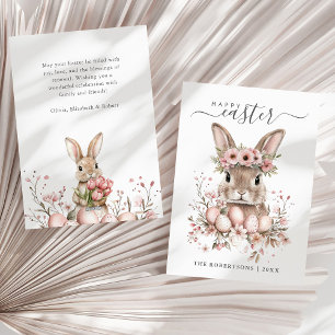 Boho Easter Pretty Bunny Blush Floral Eggs Holiday Card