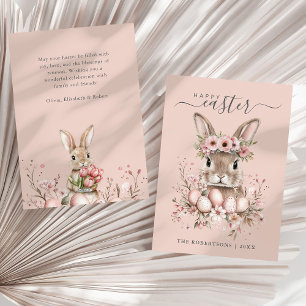 Boho Easter Pretty Bunny Blush Floral Eggs Holiday Card