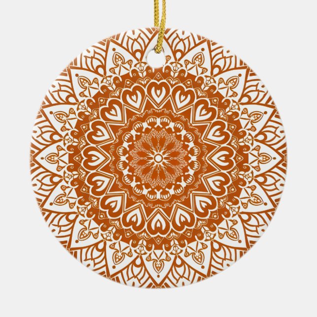 Boho Eclectic Tibetan Inspired Orange Mandala Ceramic Ornament (Front)