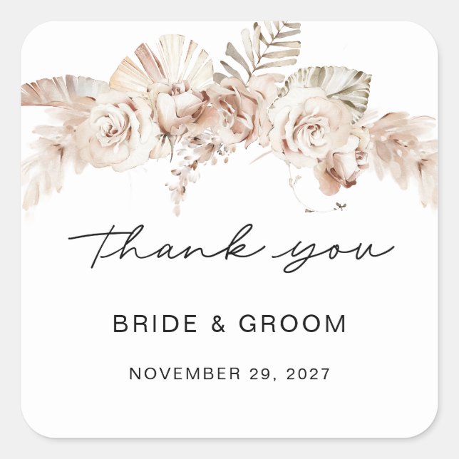 Boho editable rectangle wedding thank you stickers (Front)