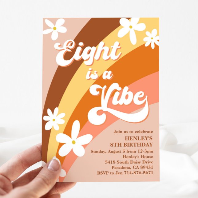 Boho Eight is a Vibe Retro Daisies Rainbow Invitation (Creator Uploaded)