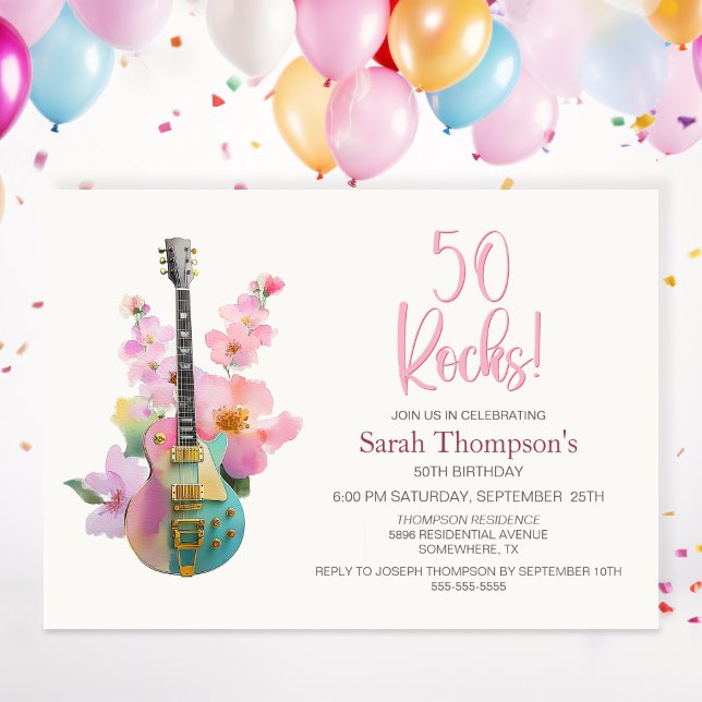 Boho Electric Guitar Pink Floral 50th Birthday Invitation (Creator Uploaded)