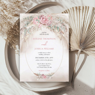 Boho elegant blush roses pampas eucalyptus wedding invitation