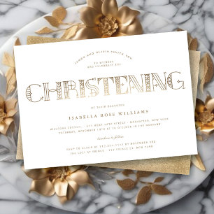 Boho Elegant Classy Gold/White Stylish Christening Invitation