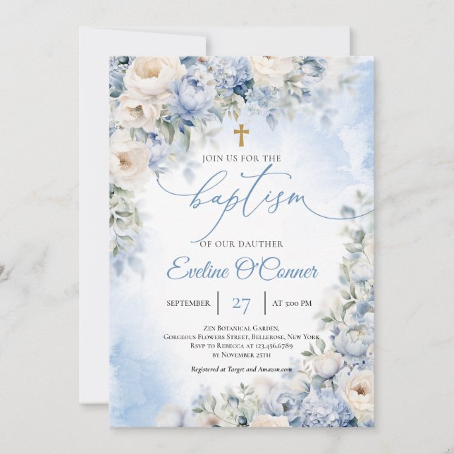Boho Elegant Dusty Blue and Ivory Flowers Baptism Invitation (Front)