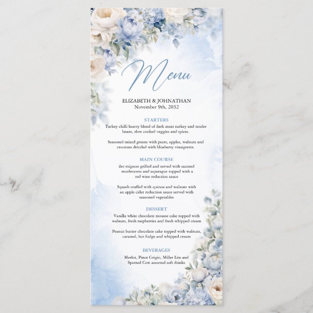 Boho Elegant Dusty Blue and Ivory Flowers dinner Menu (Front)