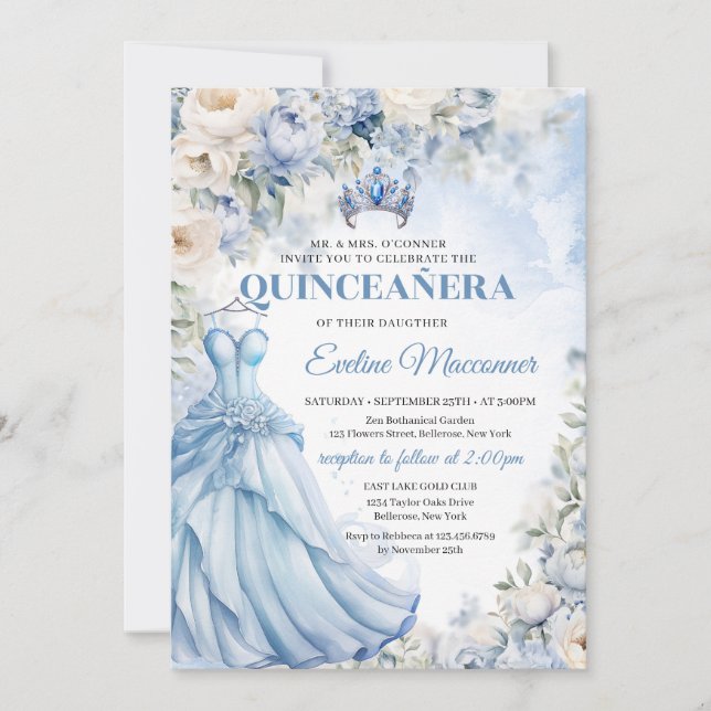 Boho Elegant  Dusty Blue and Ivory Flowers Tiara Invitation (Front)