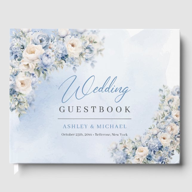 Boho Elegant Dusty Blue and Ivory Flowers wedding Guest Book (Front)