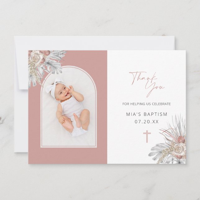Boho Elegant Floral Arch Photo Baptism  Thank You Card (Front)