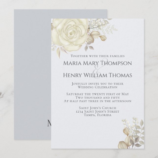Boho Elegant Floral Light Blue White Roses Simple Invitation (Front/Back)