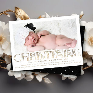 Boho Elegant Gold Foil Christening Photo Invite