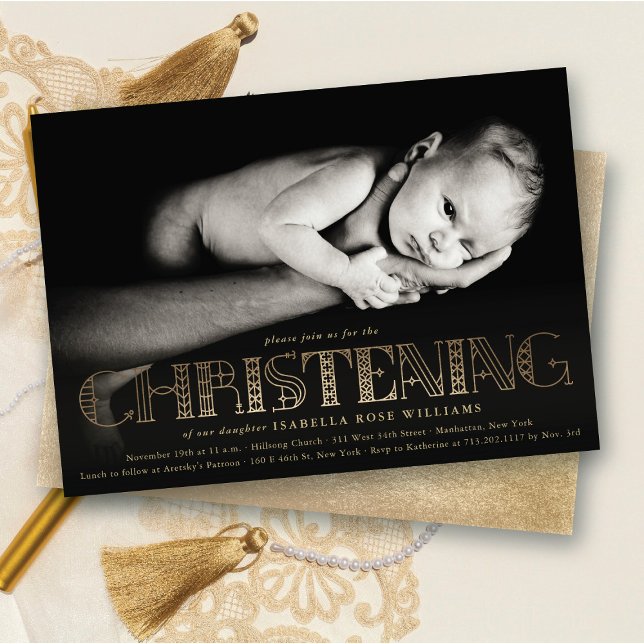 Boho Elegant Gold Foil Christening Photo Invite (Boho Elegant Faux Gold Foil Stylish Chic Modern Christening Religious Photo Invitation @ fat_fa_tin)