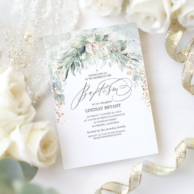 Boho Elegant Gold Glitter Greenery Baptism Invitation (Greenery Arch Baptism Invitation)