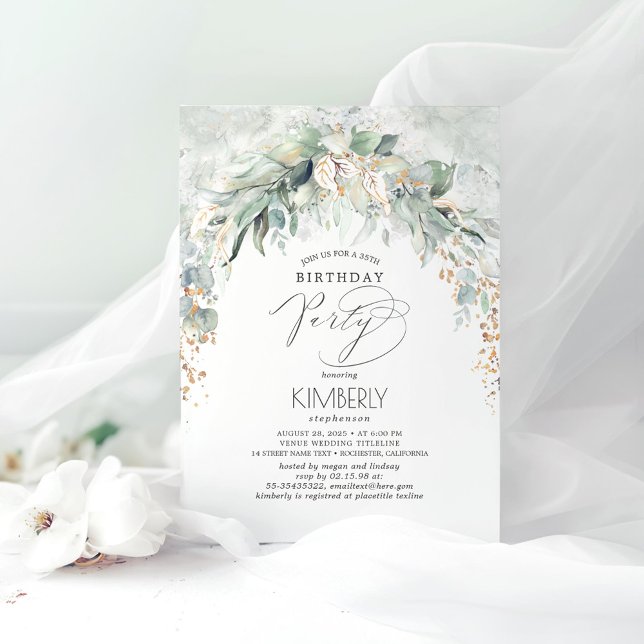 Boho Elegant Gold Glitter Greenery Birthday Invitation (Greenery Romantic Birthday Invitations)