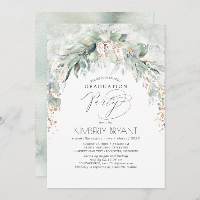 Boho Elegant Gold Glitter Greenery Graduation Invitation (Front/Back)