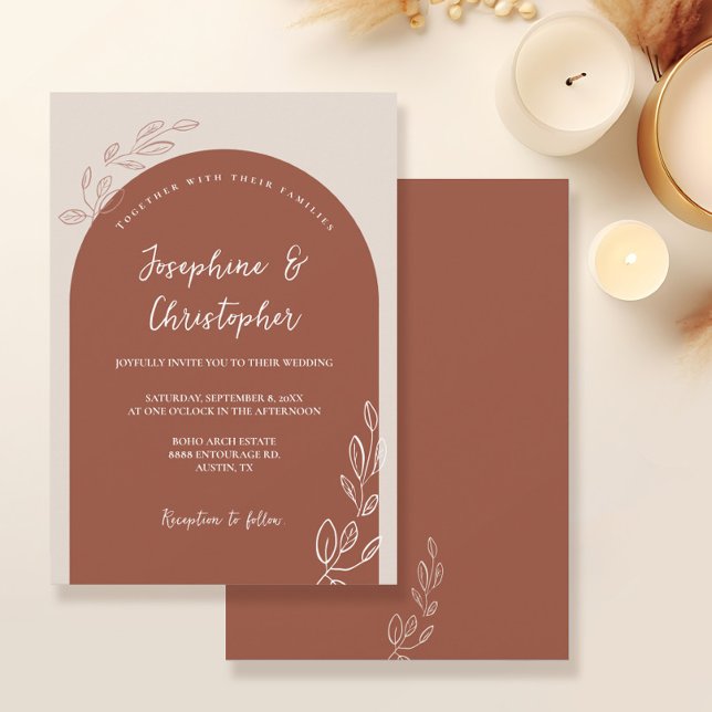Boho Elegant Leaf Terracotta Burnt Orange Arch Invitation (Boho elegant Arch leaf details terracotta burnt orange unique wedding invitation)
