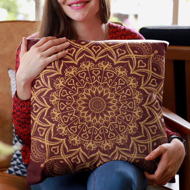 Boho Elegant Maroon Red and Gold Mandala Cushion (Creator Uploaded)