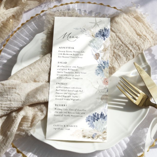 Boho Elegant Ocean Beach Coral Blue Wedding Menu (Creator Uploaded)