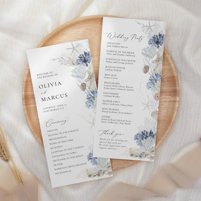 Boho Elegant Ocean Beach Coral Blue Wedding Program (Creator Uploaded)