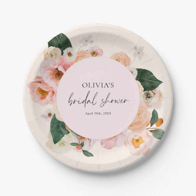 Boho Elegant Pink Floral Bridal Shower Paper Plate (Front)