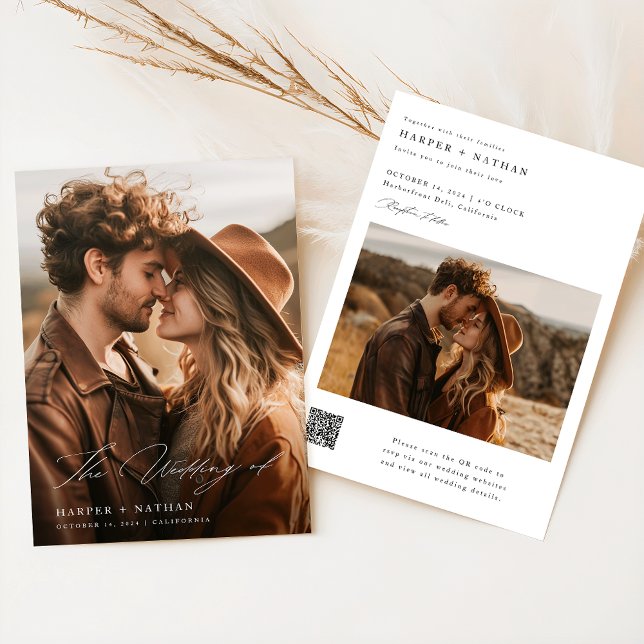  Boho Elegant Script QR Code Photo Wedding Invitation (Creator Uploaded)