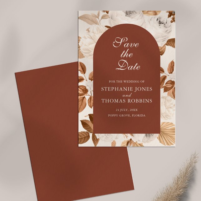 Boho Elegant Terracotta Save the Date Card (Boho Elegant Terracotta Save the Date Card on white table.)
