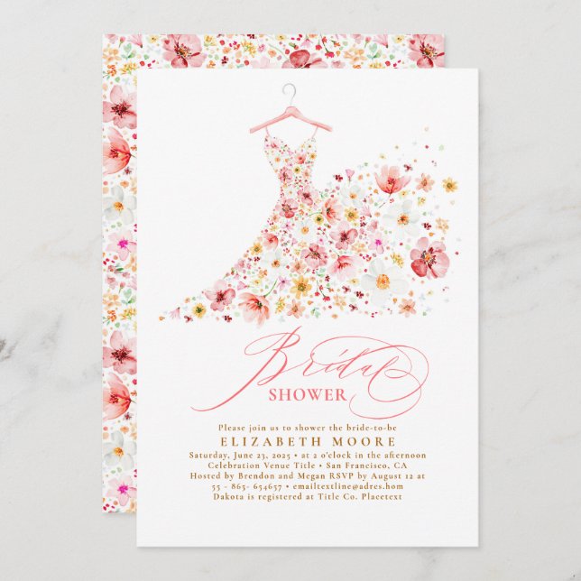 Boho Elegant Wildflower Blush Floral Bridal Shower Invitation (Front/Back)
