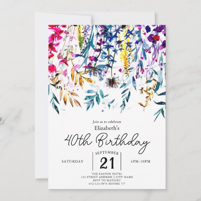 Boho Elegant Wildflowers 40th birthday Invitation (Front)