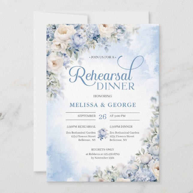 Boho Elegant Winter Dusty Blue and Ivory Flowers  Invitation (Front)