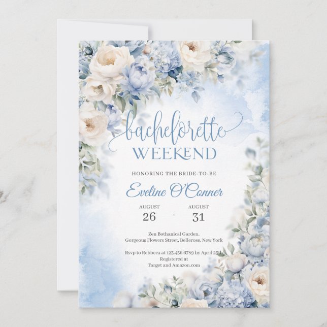Boho Elegant Winter Dusty Blue and Ivory Flowers  Invitation (Front)