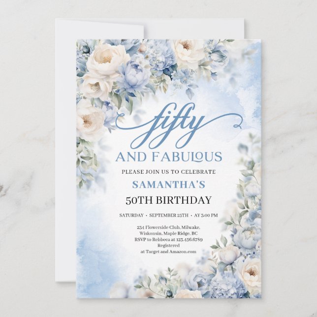 Boho Elegant Winter Dusty Blue and Ivory Flowers  Invitation (Front)
