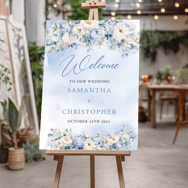 Boho Elegant winter dusty blue and ivory flowers  Poster (Boho blue winter flowers sage greenery wedding welcome sign poster)