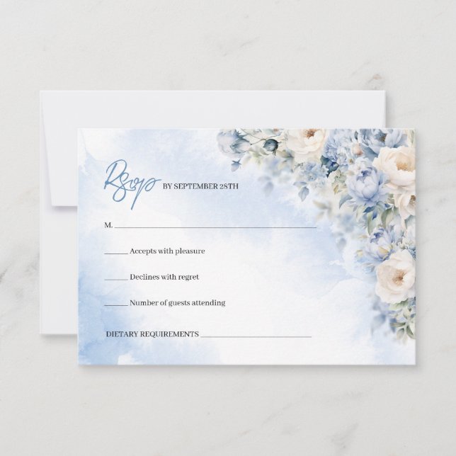 Boho Elegant winter dusty blue and ivory flowers  RSVP Card (Front)