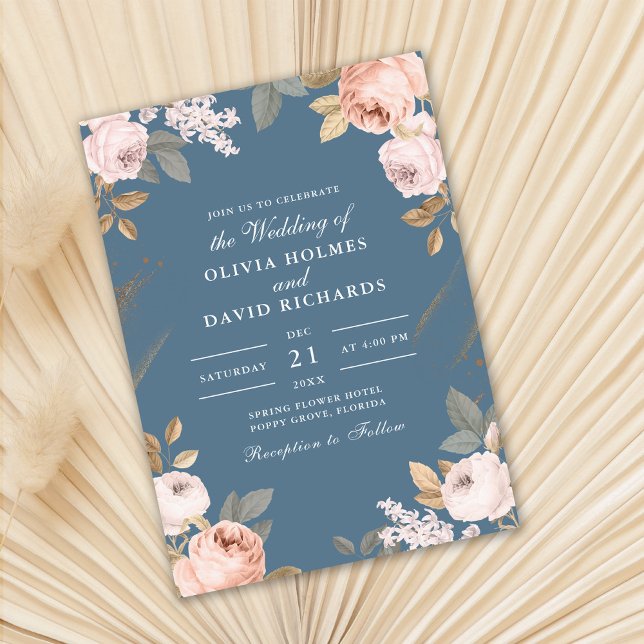 Boho Elemental Blue Peonies Wedding Invitation (Boho Elemental Blue Peonies Wedding Invitation on dry palm leaf.)