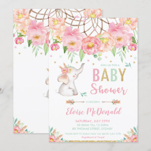 Boho Elephant Baby Shower Girl Pink Mint Floral Invitation