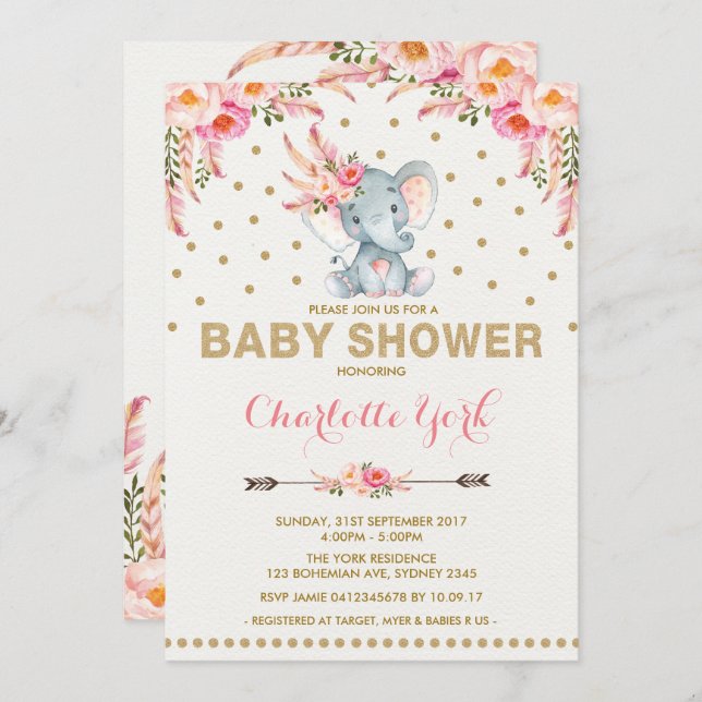 Boho Elephant Baby Shower Invite Pink Gold Jungle (Front/Back)