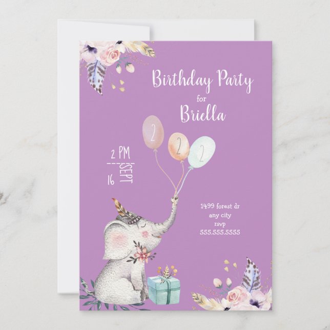 Boho elephant birthday party + age / change colour invitation (Front)