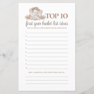Boho Elephant Bucket List Baby Shower Game
