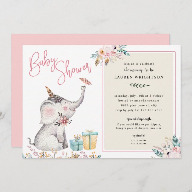 Boho Elephant Girl Baby Shower Invitation (Front/Back)