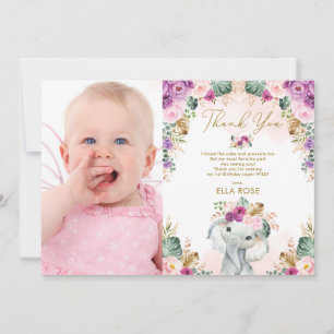 Boho Elephant Girl Pink Purple Floral Birthday Thank You Card