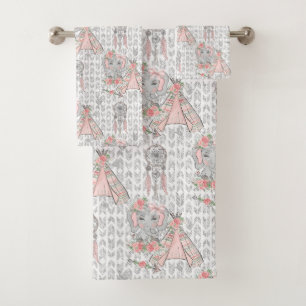 Boho elephant lovers tiled bath towel set