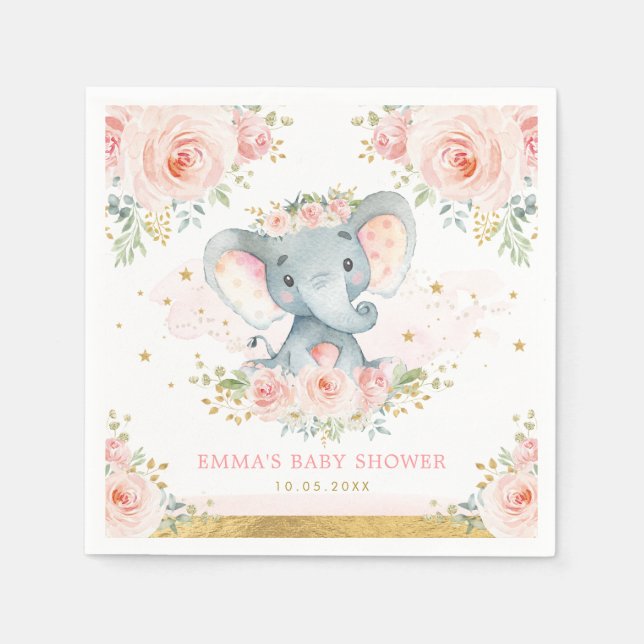 Boho Elephant Pink Blush Floral Baby Girl Shower Napkin (Front)