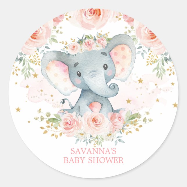 Boho Elephant Pink Floral Baby Girl Classic Round Sticker (Front)