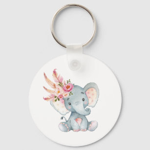 Boho Elephant Pink Floral Keychain Birthday