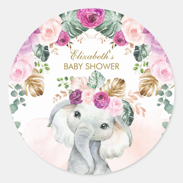 Boho Elephant Tropical Blush Purple Floral Girl Classic Round Sticker (Front)