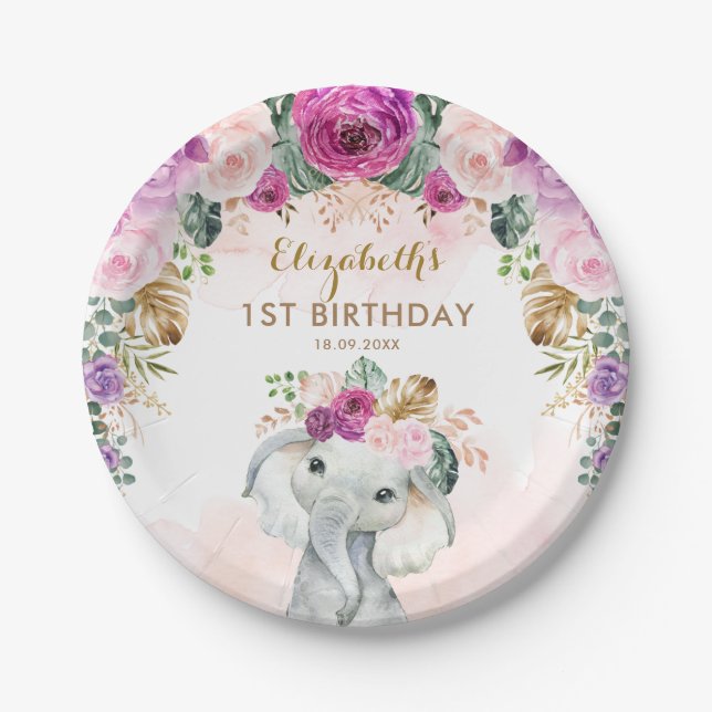 Boho Elephant Wild One Birthday Baby Shower Paper Plate (Front)