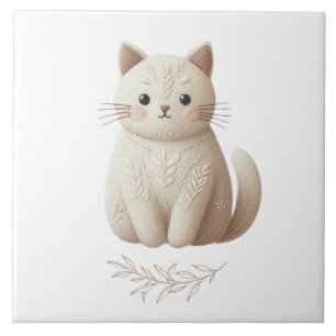 Boho Embroidered Beige Kitty with Leaf Detail Ceramic Tile