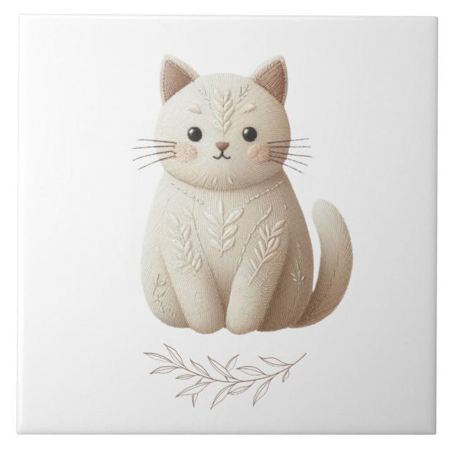 Boho Embroidered Beige Kitty with Leaf Detail Ceramic Tile (Front)